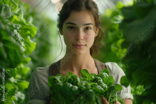 A woman farmer grows organic lettuce. Background with selective focus and copy space