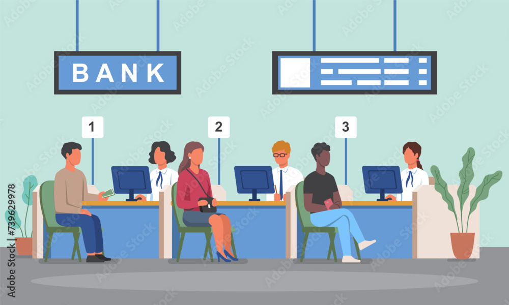 Interior of modern banking office with customers and employees. The concept of providing banking services. Credit managers and consultants sit at computers and serve clients. Flat vector illustration