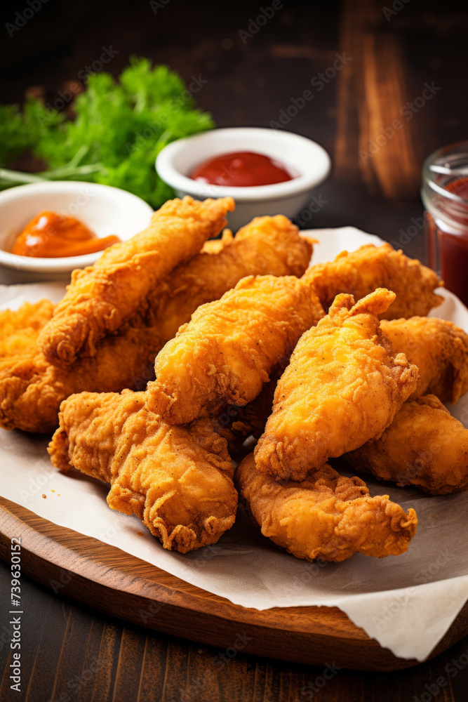 Fried chicken tenders or nuggets with ketchup and ranch for dipping Fried chicken tenders or nuggets with ketchup and ranch for dipping