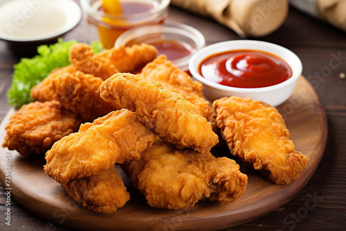 Fried chicken tenders or nuggets with ketchup and ranch for dipping photo