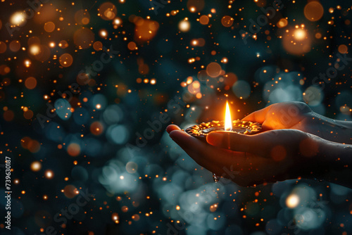 Indian candle light in hands diwali celebration background