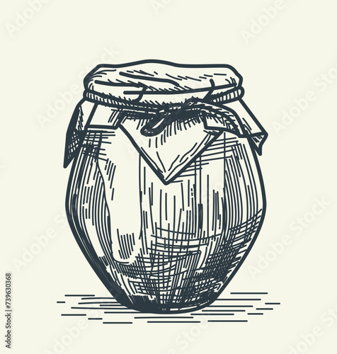 Vintage sketch of a butter churn with cloth cover and tied with jute rope. Rustic charm captured in this vector illustration of traditional dairy equipment. Vector illustration