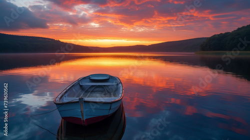 A lone boat sits on the peaceful lake surrounded by the vibrant colors of the sunrise and reflecting it back onto the water.
