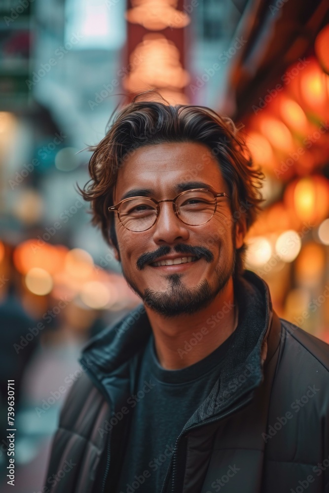 A man with glasses and a beard smiles in a city. Generative AI. A man with glasses and a beard smiles in a city. Generative AI.
