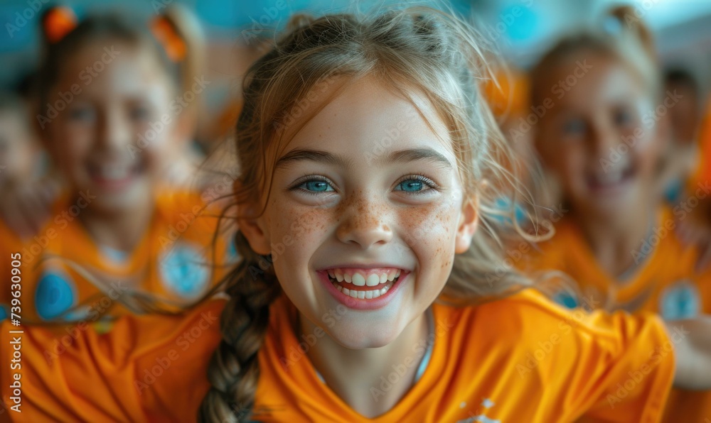 A young girl is smiling in front of a group of soccer players. Generative AI. A young girl is smiling in front of a group of soccer players. Generative AI.