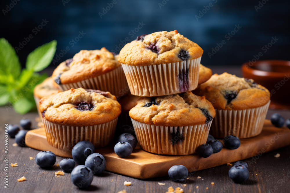Blueberry muffins with banana and oats, vegan blueberry muffins on the table Blueberry muffins with banana and oats, vegan blueberry muffins on the table