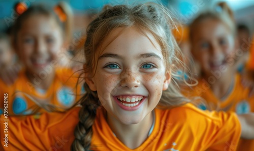 A young girl is smiling in front of a group of soccer players. Generative AI.