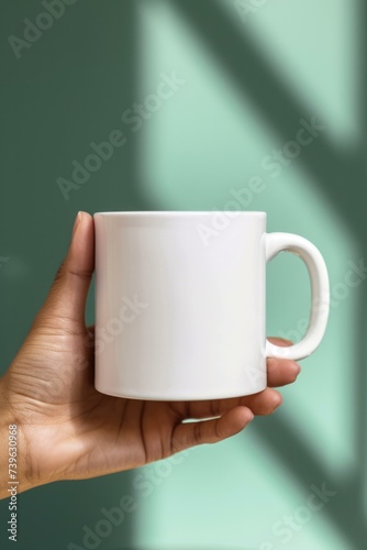 A person holding a white mug on a blue background. Generative AI.