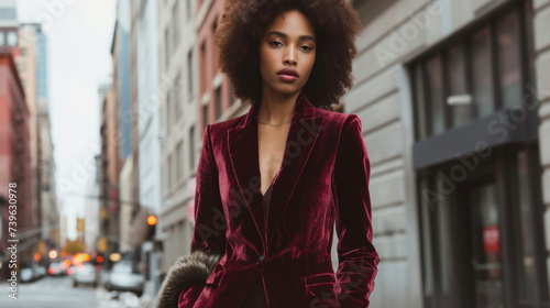 A rich burgundy velvet blazer paired with a matching pencil skirt and faux fur shawl exuding sophistication with a touch of playfulness.