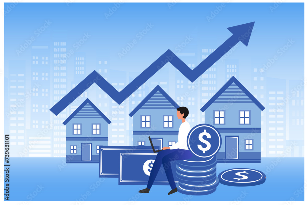 Home, house price rising up, real estate, property growth vector illustration Home, house price rising up, real estate, property growth vector illustration