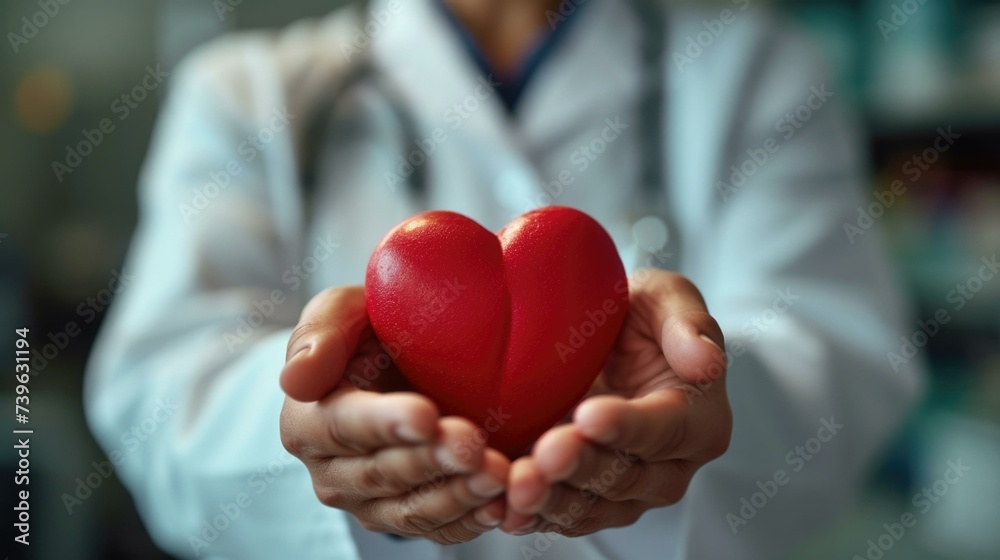 A doctor holding a red heart in his hands. Generative AI. A doctor holding a red heart in his hands. Generative AI.