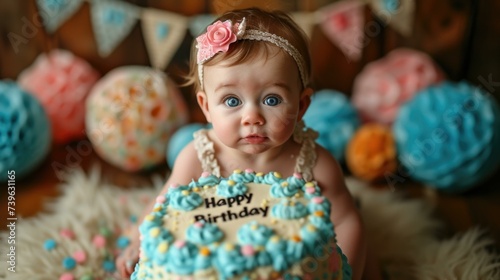 A baby girl with blue eyes is looking at a cake. Generative AI.