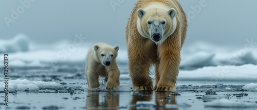 A polar bear and her cub walking on ice. Generative AI. © Natalia