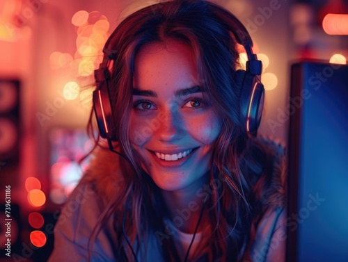 A woman wearing headphones and smiling while playing a video game. Generative AI.