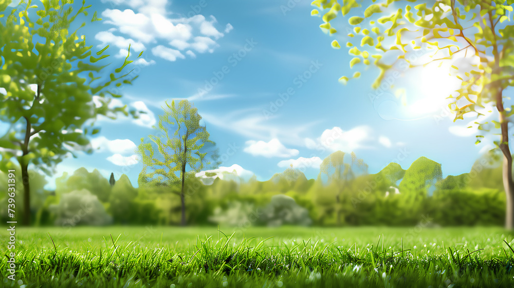 A serene park scene focusing on vibrant green grass under a sunny blue sky with fluffy clouds.
