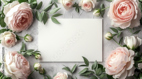 Top view blank square white card sheet of paper with floral frame pink roses and green leaves with grey concrete wall background. 3D Greeting card mockup wedding invitation card