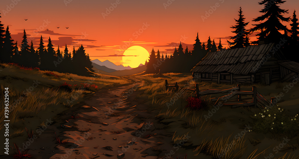 a mountain scene with sun setting