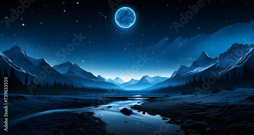 an image of mountains with night sky and stream