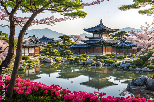 Korean traditional house with ponds and trees. Generative AI photo