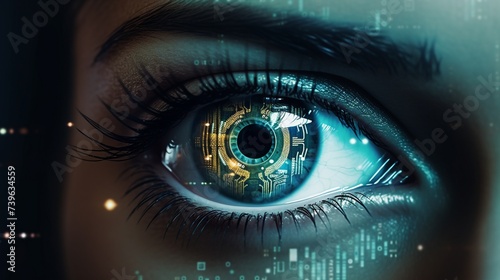 Futuristic woman eye display cyberspace concept science background