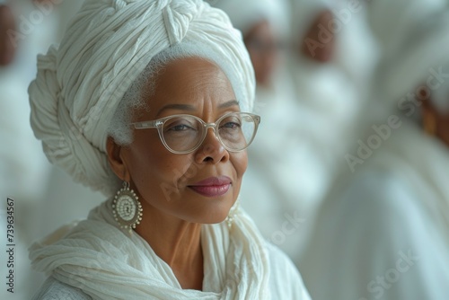 Elegant elder woman with glasses and white turban