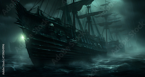 a ship is in the middle of some dark waters