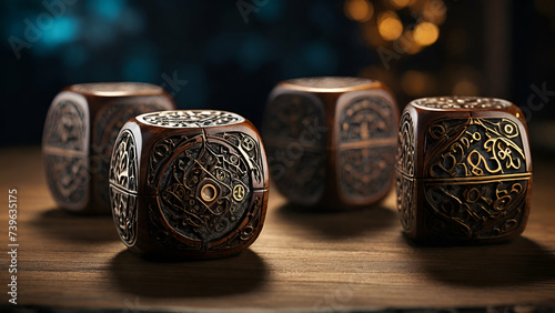 A set of intricately carved, ancient dice rest upon a desolate backdrop