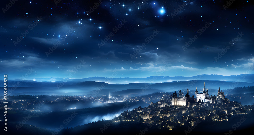 this is a beautiful scene with the starry sky and castle