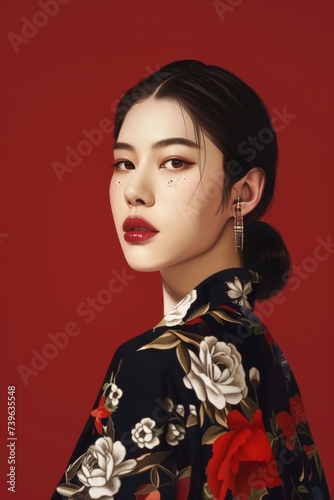 Korean Woman in Black and Red Kimono. Generative AI