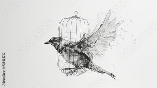 Artistic drawing of a bird with a cage, representing freedom and creativity. © Sergei