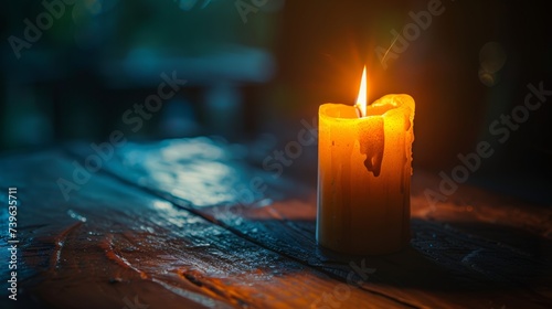 Candle glowing warmly on a rustic wooden surface, creating a peaceful atmosphere.