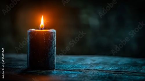 Black candle on a stone surface with a glowing flame in a dark setting.