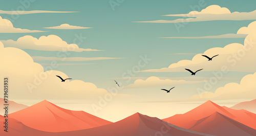 a picture of a mountains scene with birds flying by
