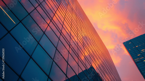 The orangepink sky reflecting off the sleek gl windows of a highrise office building. photo