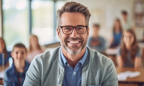Portrait of smiling male teacher in a class at elementary school looking at camera with learning students on background 