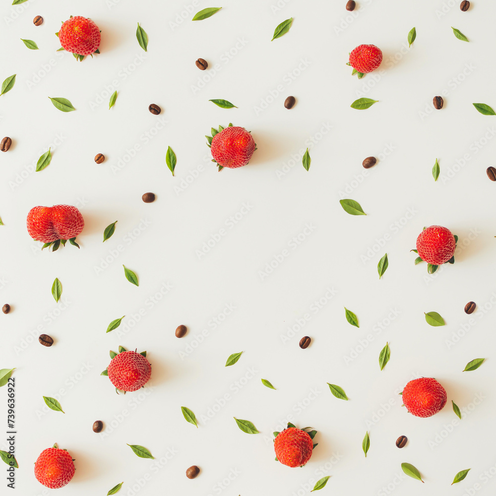 Colourful bright pattern made of strawberries, coffee beans and leaves. Colourful bright pattern made of strawberries, coffee beans and leaves.