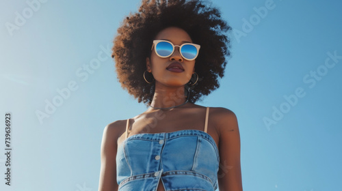 Add some vintage charm with a highwaisted sustainable denim skirt paired with a recycled polyester halter top and round sungles.