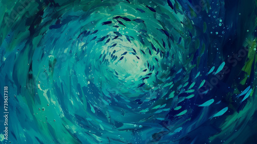 A swirling collage of deep blues and greens featuring undulating shapes that mimic the movements of a school of fish in the vast underwater expanse.
