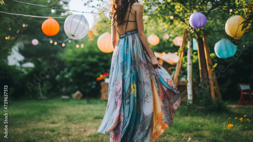 A flowy maxi skirt made from upcycled silk scarves adding a touch of whimsy to a sustainable garden party. photo