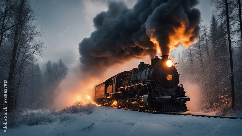 steam train in the fire _An on fire, burning, exploding, steam train engine on fire, a foggy night in the winter.  