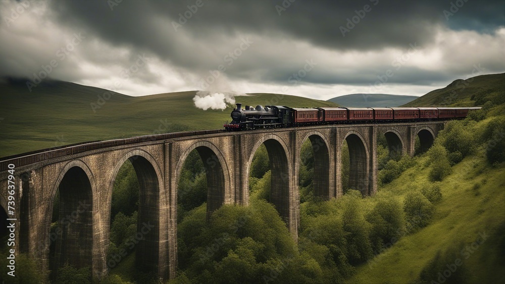 railway bridge over river _A steam train on a high viaduct in the   Highlands. The train is carrying passengers 