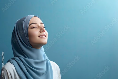 Muslim young woman praying open her arm. one color background, copy space - generative ai