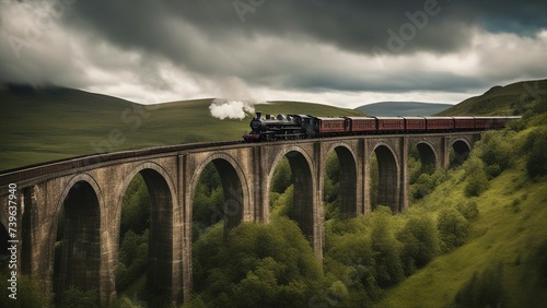 railway bridge over river _A steam train on a high viaduct in the Highlands. The train is carrying passengers 