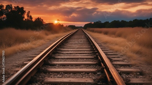 railway in the sunset _A train track that leads to a bright orange sunset over the horizon. The sky is filled with soft colors 