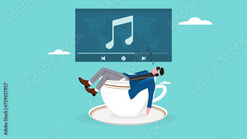 time to break with the concept of businessman sleeping while listening to music using mixed reality headset with virtual reality and augmented reality technology vector illustration