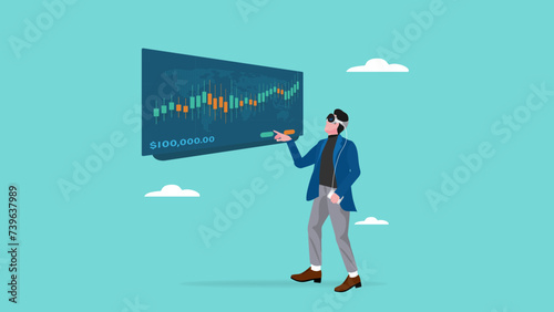 businessman investment using mixed reality headset with virtual reality and augmented reality technology, businessman analyzes stock market growth with virtual reality technology vector illustration