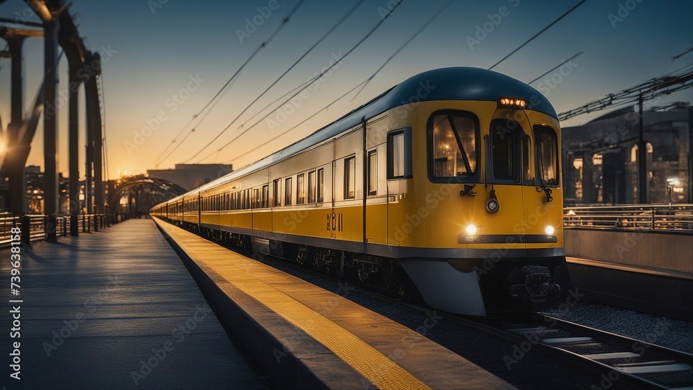 train in the night _A quick train that races through a city at twilight. The train is silver and yellow,  