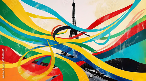 View of the Eiffel tower, Paris France with abstract colorful flowing lines