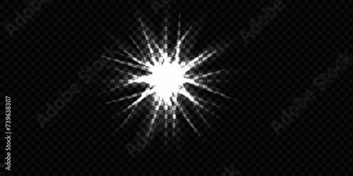 Silver glowing star on transparent backdrop. Magical explosion with star dust. Light effect with magic particles. White energy flash. Silver glitter and glare. Vector illustration photo