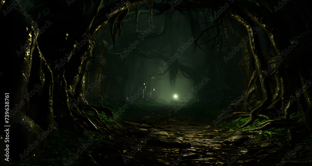 a person in the dark walks through an open forest